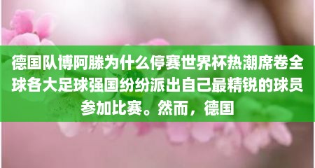 德国队博阿滕为什么停赛世界杯热潮席卷全球各大足球强国纷纷派出自己最精锐的球员参加比赛。然而，德国